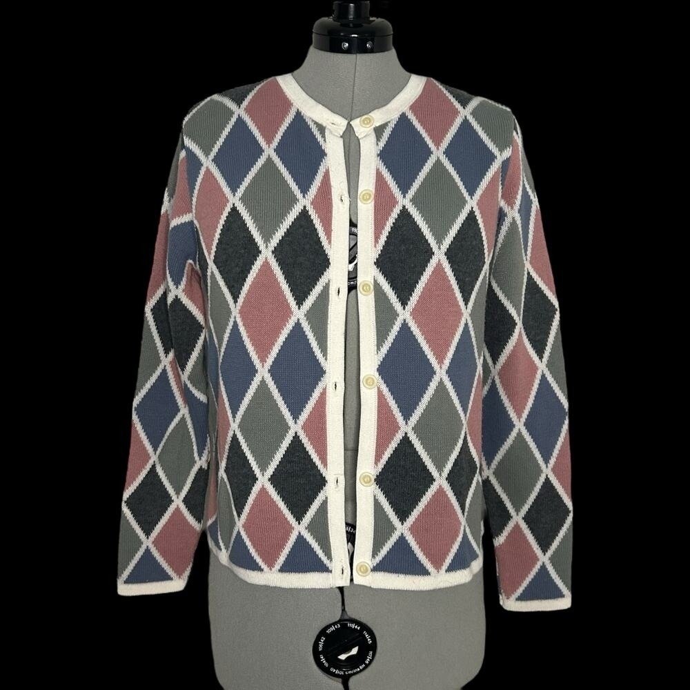 Vintage Alfred Dunner Multicolored Diamond Patterned Cardigan Size PM
